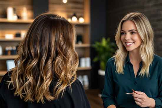 Hairdresser discussing pricing and services with a client at a new salon