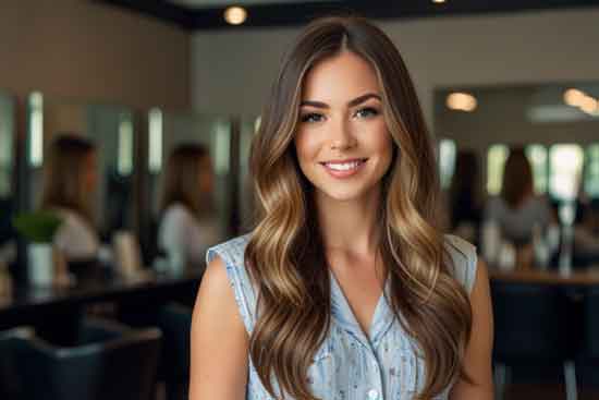 Smiling woman with long, wavy hair in a modern hair salon showcasing professional styling