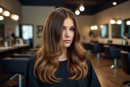 Woman with soft, voluminous curls in a sleek, modern hair salon highlighting expert hairstyling