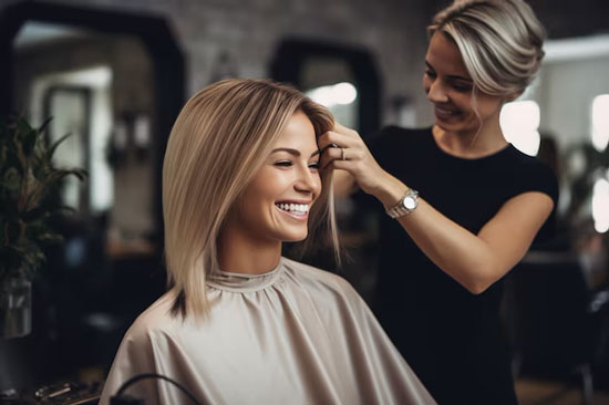 Hairstylist Giving Haircut Young Woman Beauty Salon