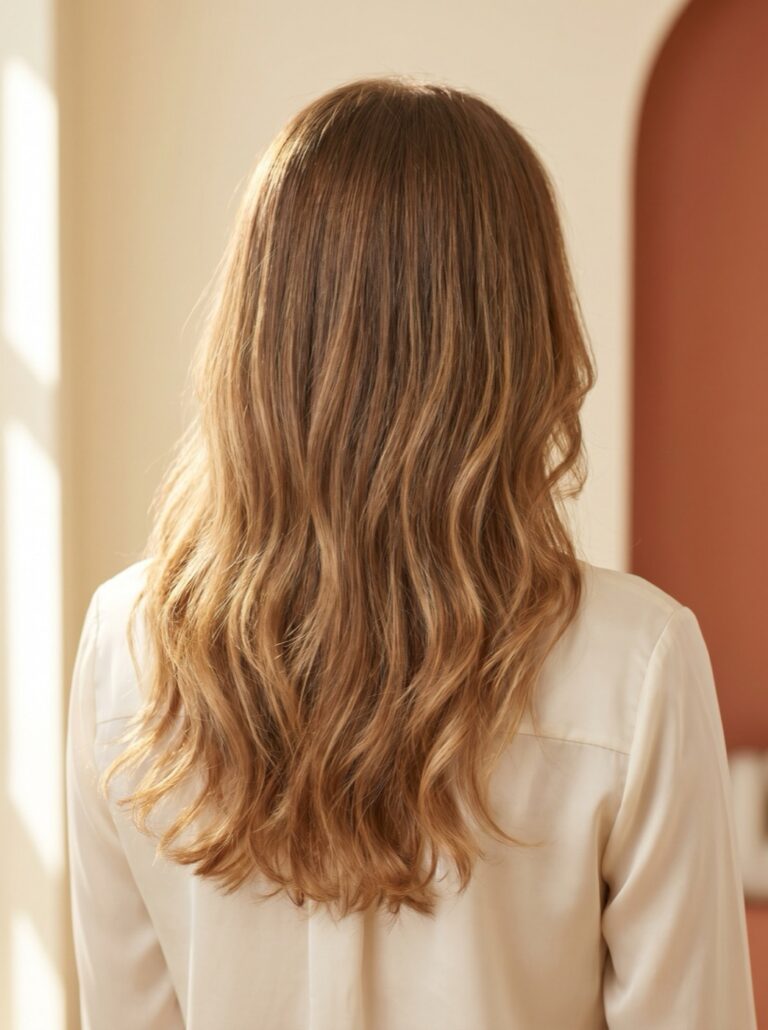 Finished seamless airtouch highlights with soft blended blonde, back view, airtouch highlights, at Scott Farmer Hair Salon in Venice FL
