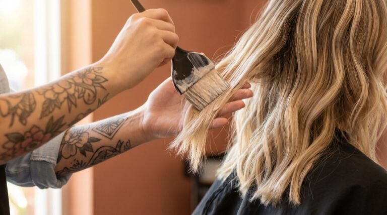Freehand balayage refresh painted onto blonde mid-lengths, balayage touch up, at Scott Farmer Hair Salon in Venice FL