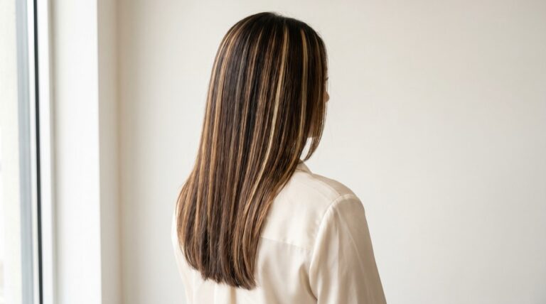 Dimensional balayage and highlights on straight hair, back view, balayage vs highlights on straight hair, at Scott Farmer Hair Salon in Venice FL