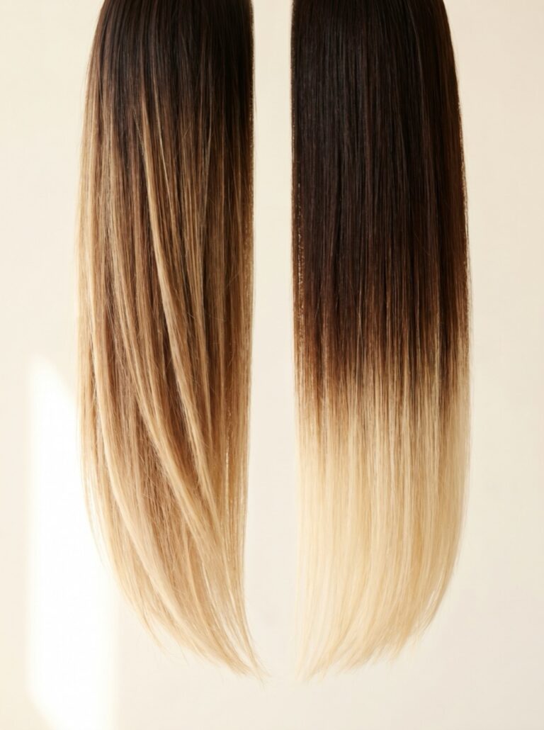 Side by side comparison of balayage and ombre color, what is balayage ombre, at Scott Farmer Hair Salon in Venice FL