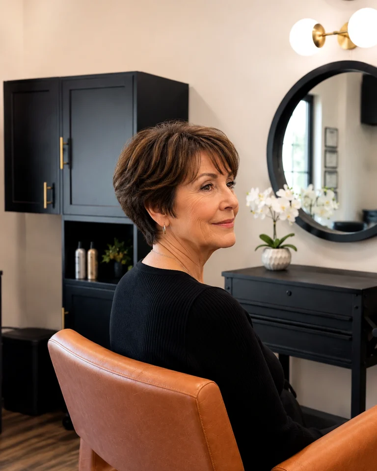 Finished short layered cut on a salon client, benefits of trimming hair, at Scott Farmer Hair Salon in Venice FL