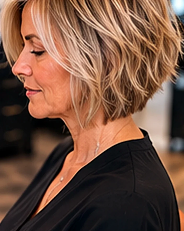 Side view of a finished short blonde style, best way to maintain a short haircut, at Scott Farmer Hair Salon in Venice FL
