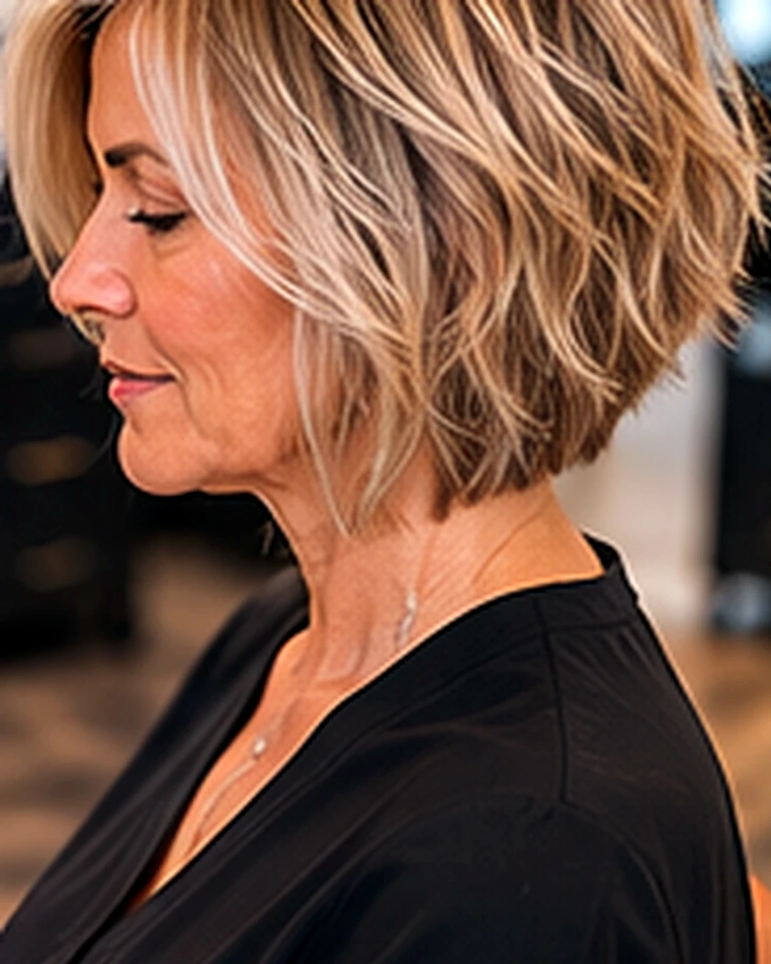 Side view of a finished short blonde style, best way to maintain a short haircut, at Scott Farmer Hair Salon in Venice FL