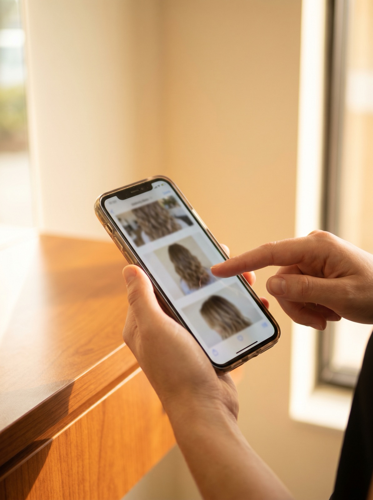 Phone showing reference photos during hair consultation at Scott Farmer Hair Salon Venice FL
