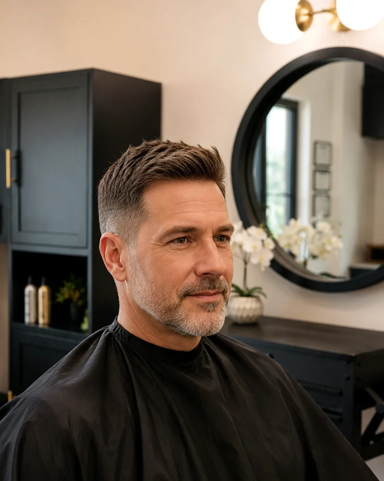 Finished men’s cut on a male salon client, deep conditioning hair treatments, at Scott Farmer Hair Salon in Venice FL