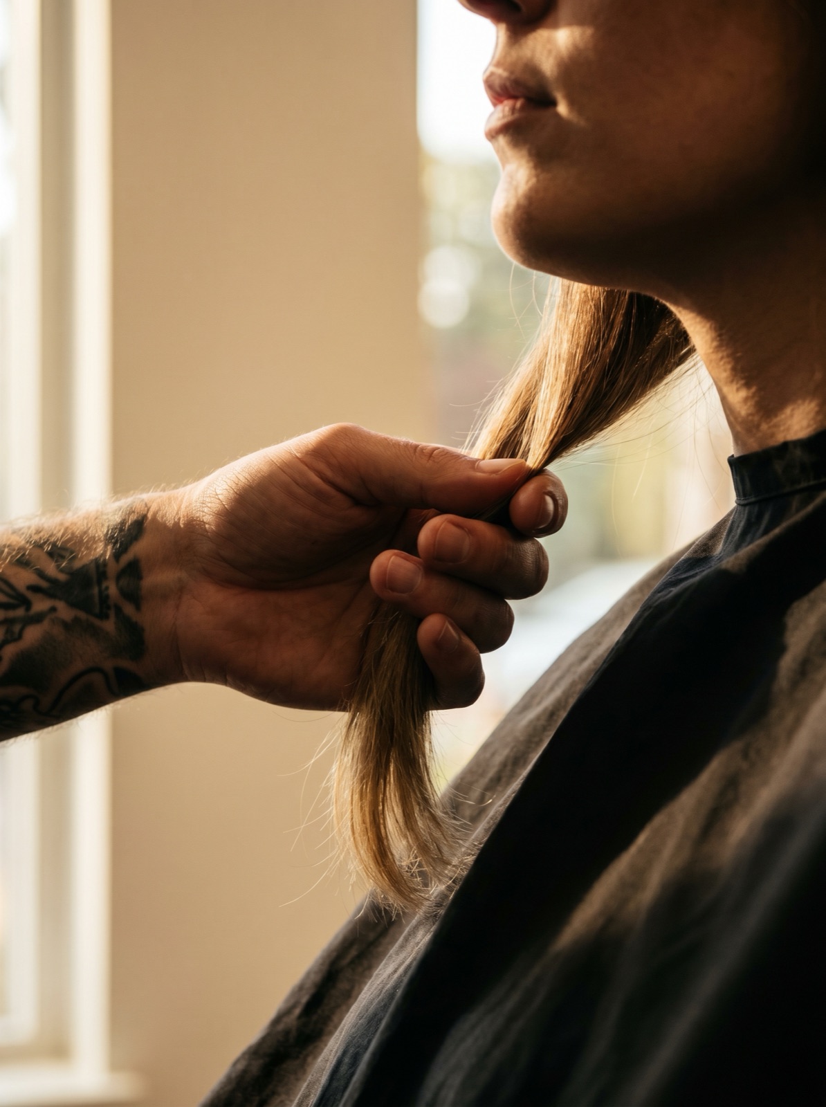 Stylist measuring hair length against client jaw line during face shape consultation Scott Farmer Hair Salon Venice FL