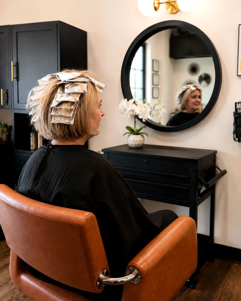 Foil highlights being placed on a short style at the salon mirror, foil balayage foilayage, at Scott Farmer Hair Salon in Venice FL