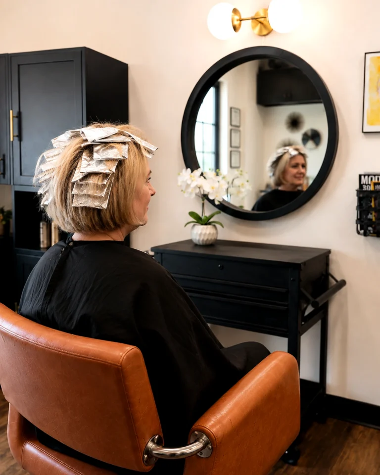 Foil highlights being placed on a short style at the salon mirror, foil highlights, at Scott Farmer Hair Salon in Venice FL