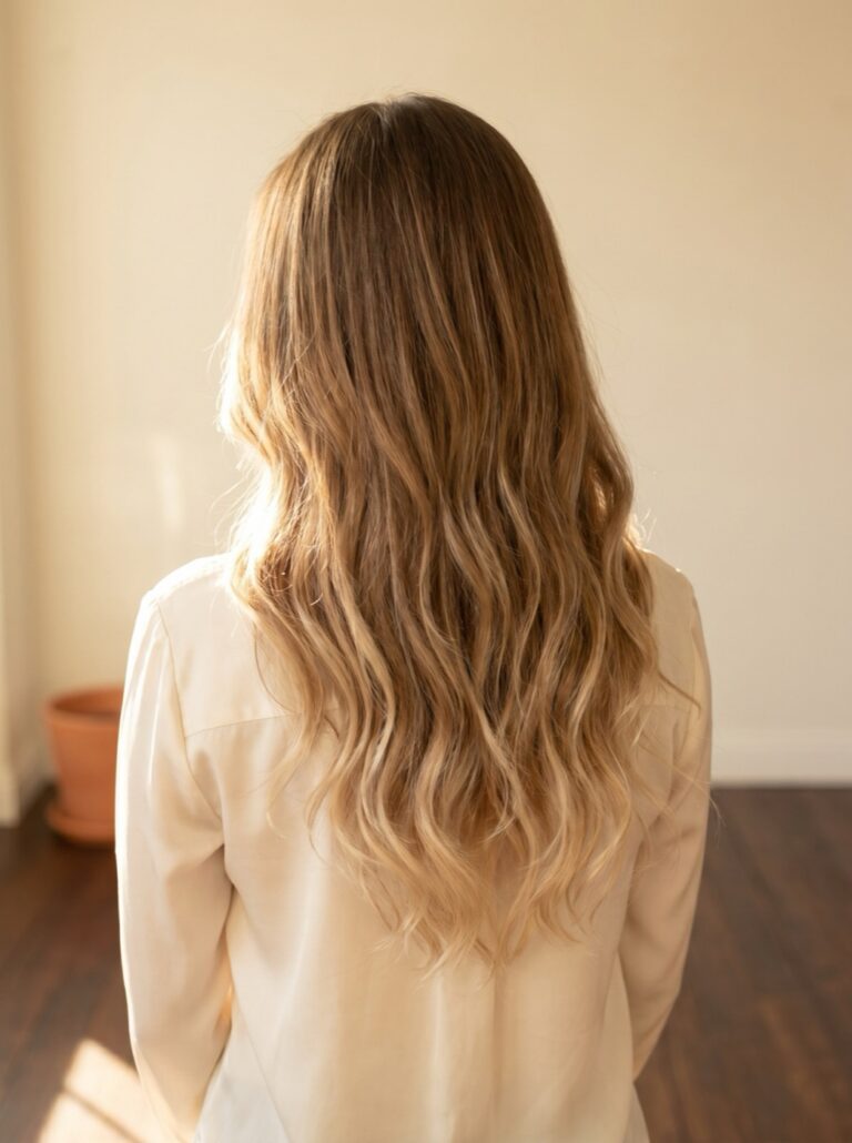 Finished full balayage with graduated dimensional blonde, back view, full balayage, at Scott Farmer Hair Salon in Venice FL