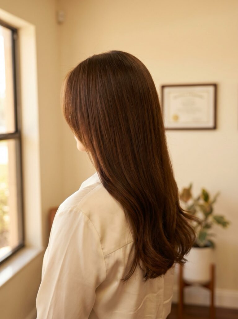 Finished rich all over brunette color result, full hair color, at Scott Farmer Hair Salon in Venice FL