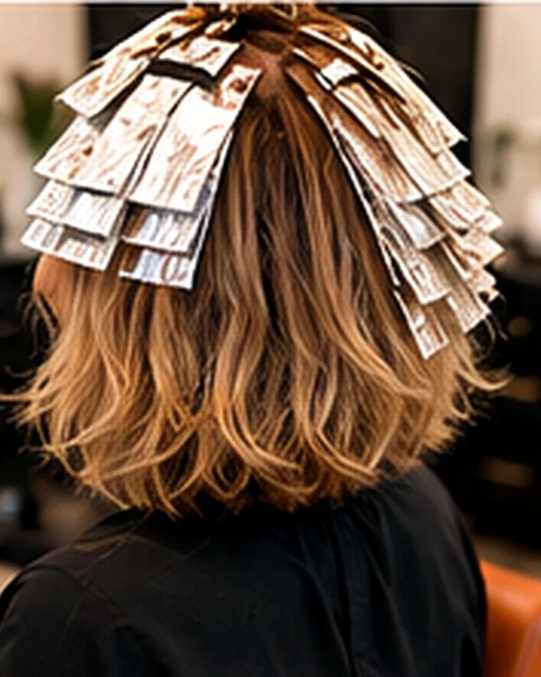Back view of a full head of foil highlights on a salon client, hair color and highlights, at Scott Farmer Hair Salon in Venice FL