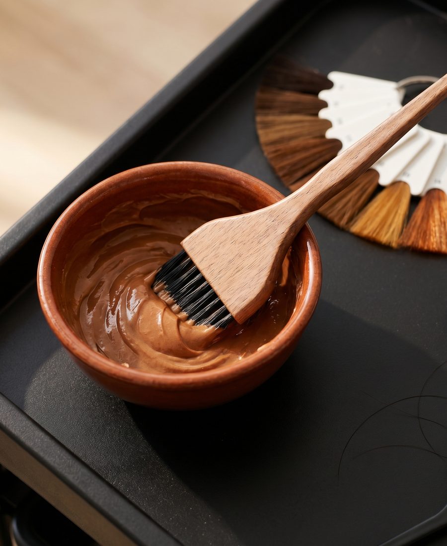 Custom-mixed hair color in a terracotta ceramic bowl with wooden tinting brush and color swatch ring at Scott Farmer Hair Salon Venice FL