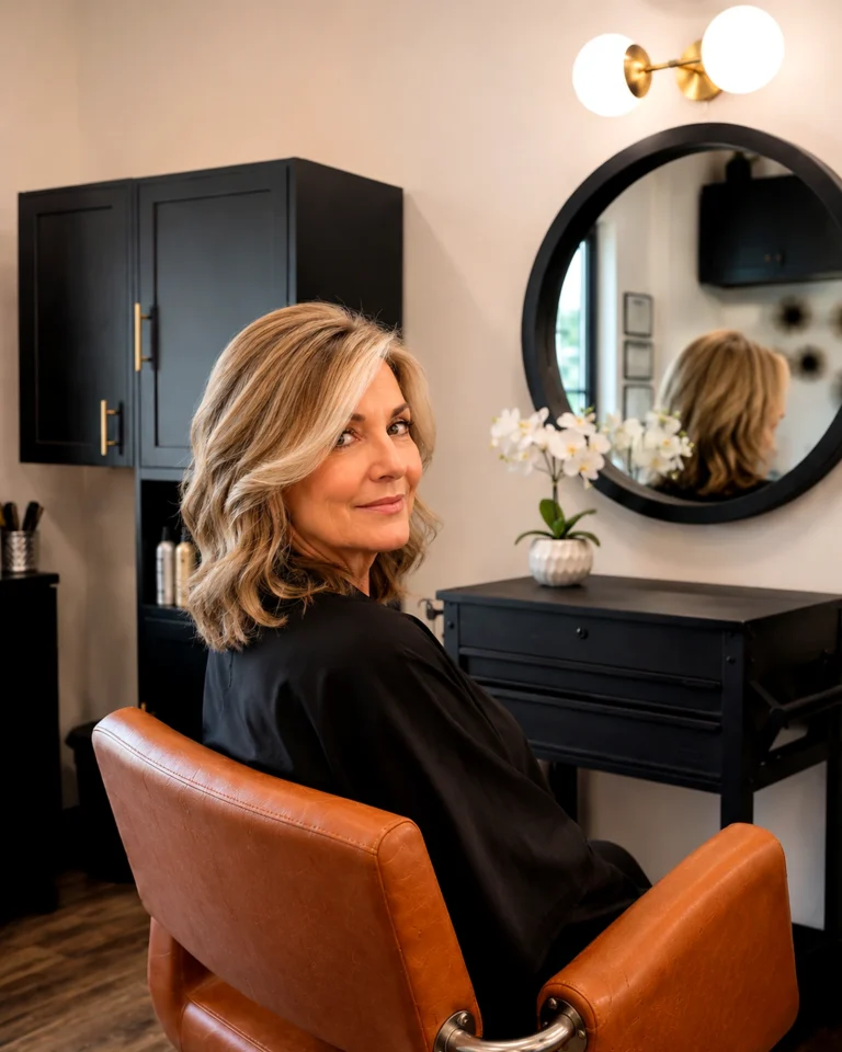 Finished blonde color in the styling chair, hair color specialist, at Scott Farmer Hair Salon in Venice FL