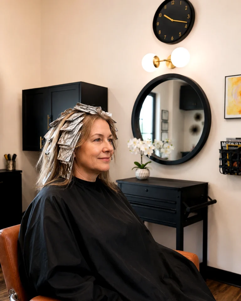 Finished blonde in the styling chair, hair coloring techniques, at Scott Farmer Hair Salon in Venice FL