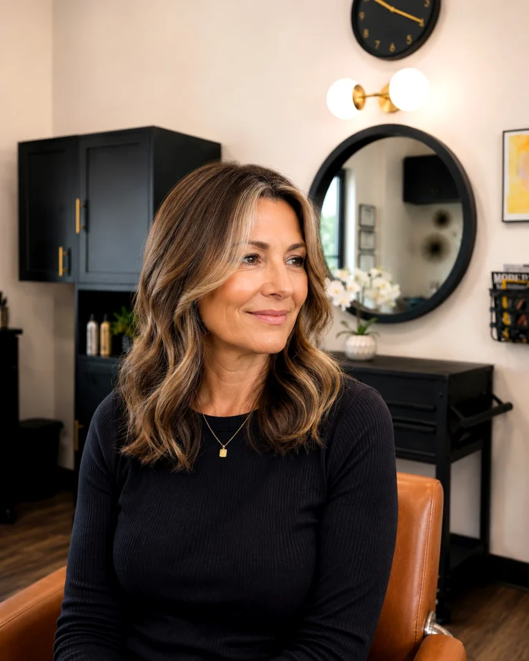Finished bronde color on a salon client, hair consultation questions, at Scott Farmer Hair Salon in Venice FL