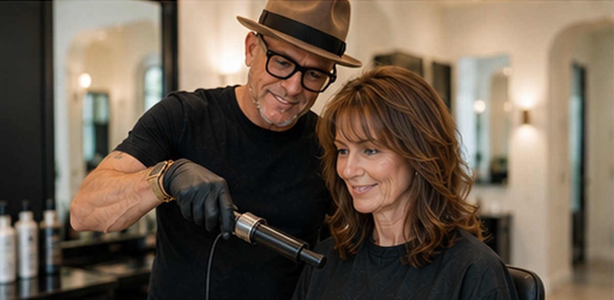 Scott Farmer with a happy finished client serving Englewood, FL clients with master stylist precision