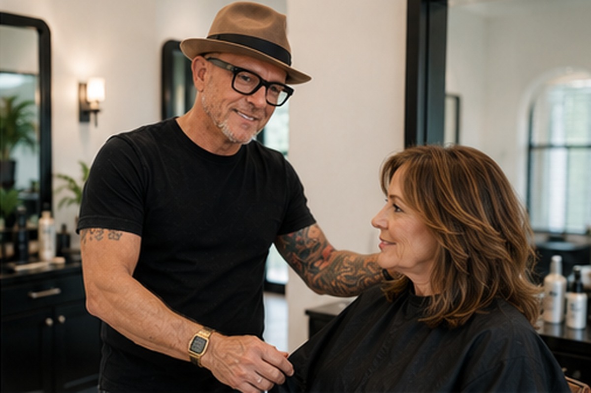 Scott Farmer with a happy finished client serving Port Charlotte, FL clients with master stylist precision