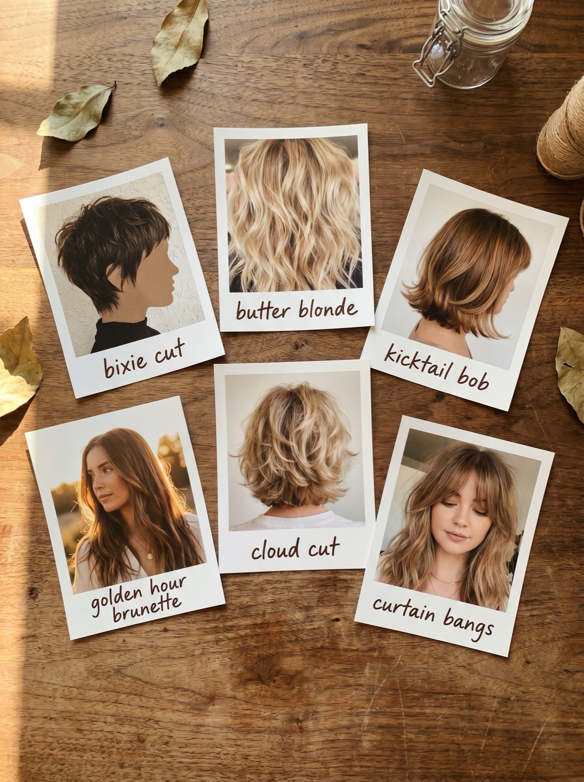 2026 hair trends mood board with bixie butter blonde kicktail bob golden hour brunette and curtain bangs at Scott Farmer Hair Salon Venice FL
