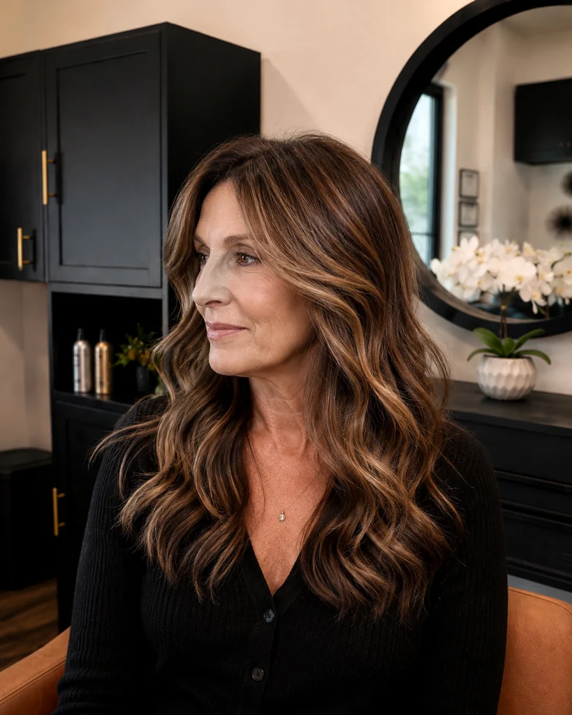 Finished brunette blow-out at the salon mirror, haircut and blow dry near me, at Scott Farmer Hair Salon in Venice FL