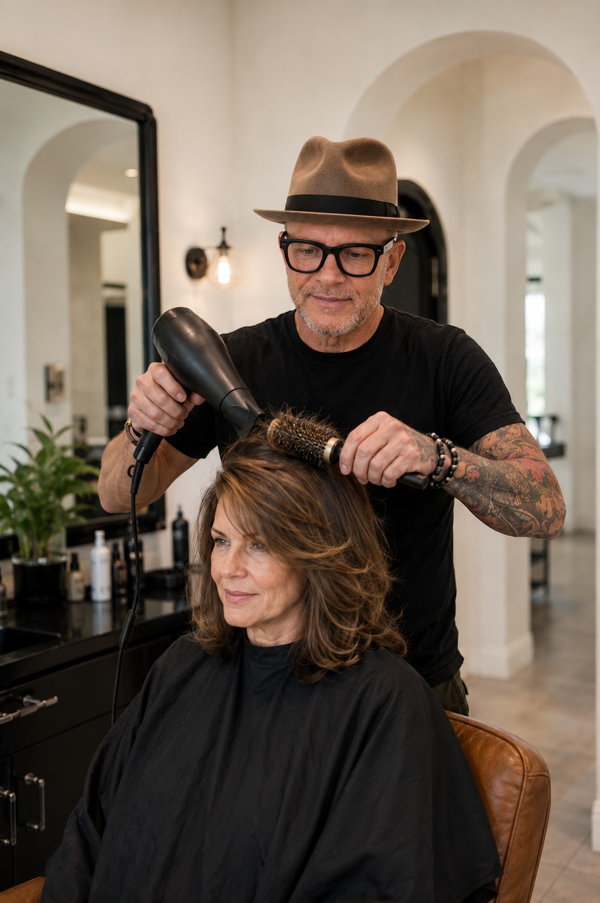 Scott Farmer finishing a haircut and blow dry in his Venice FL salon suite