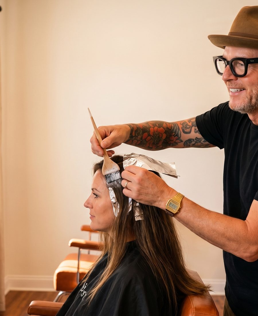Master Stylist Scott Farmer placing foil highlights in a real client's hair at Scott Farmer Hair Salon in Venice FL. custom Schwarzkopf color