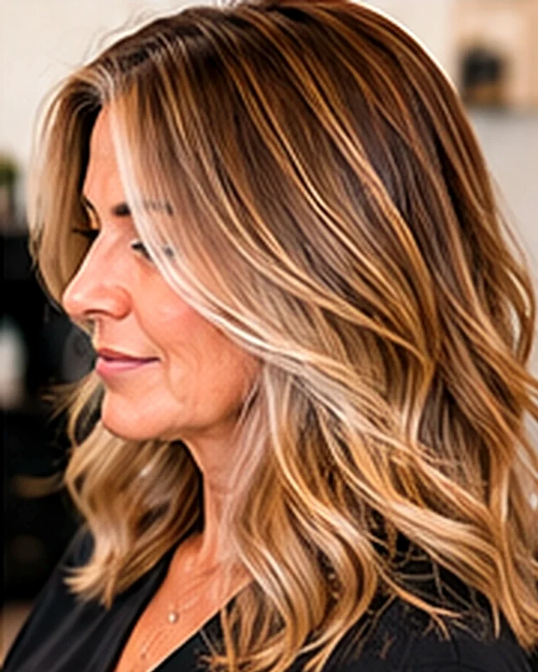 Side view of a finished color melt on a salon client, how long after balayage to wash hair, at Scott Farmer Hair Salon in Venice FL