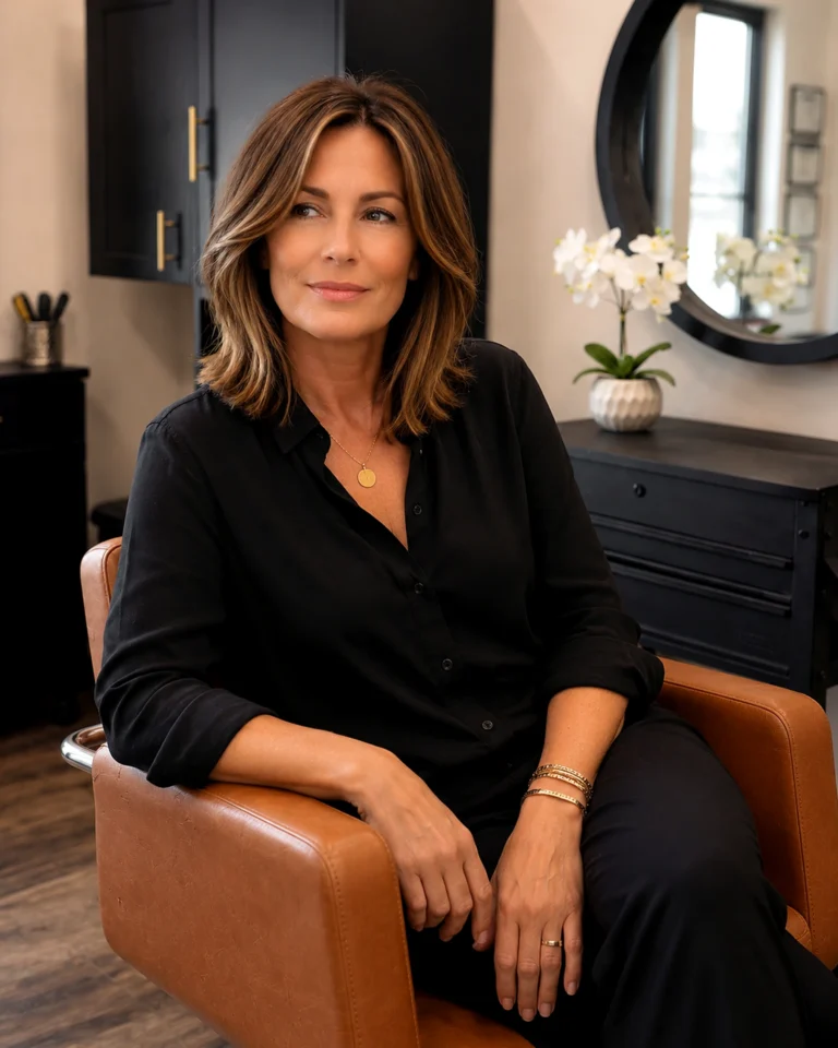 Finished shoulder-length lob in the styling chair, how long does it take to get highlights, at Scott Farmer Hair Salon in Venice FL