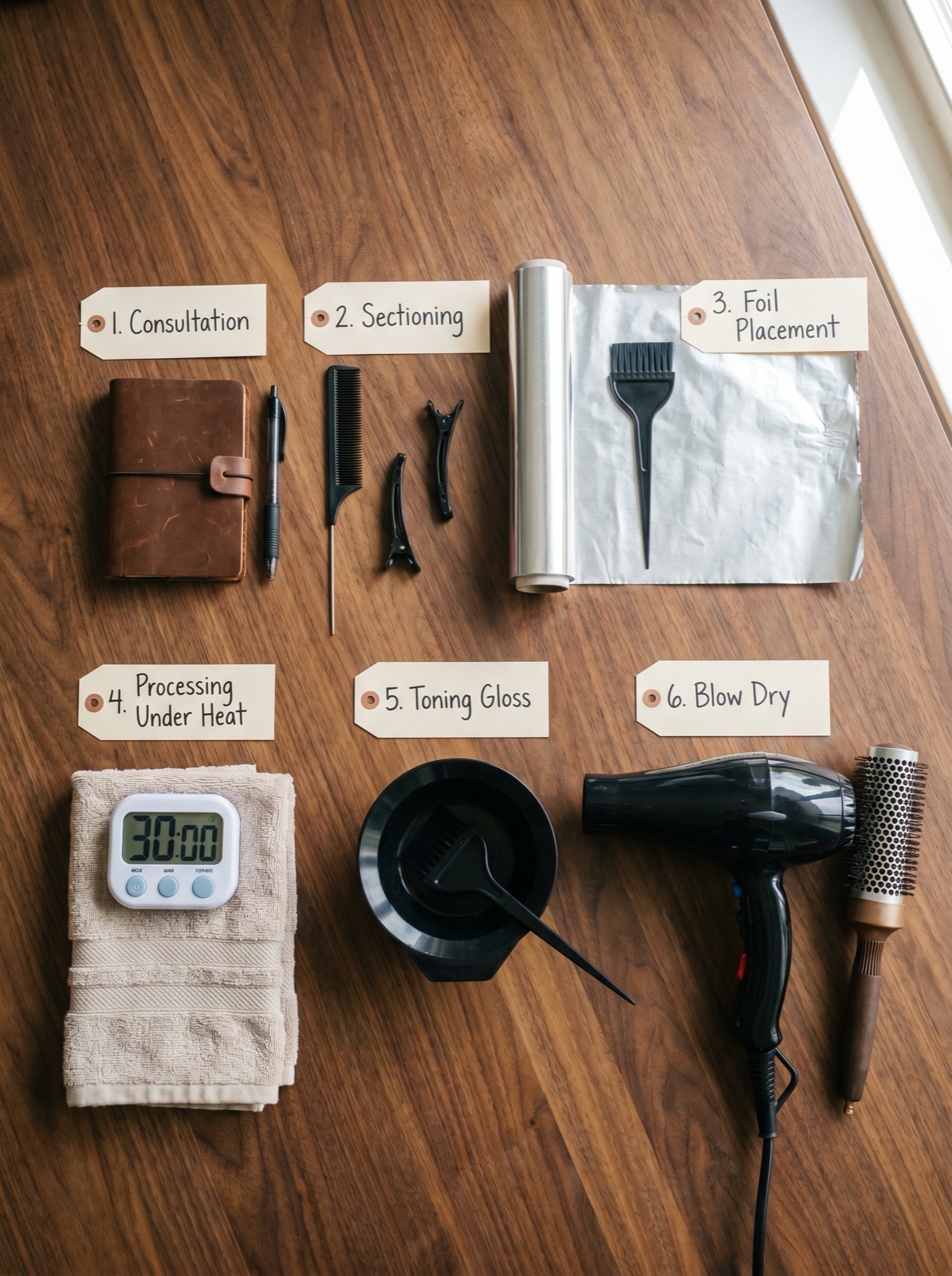 Highlight appointment timeline 6-step flatlay at Scott Farmer Hair Salon Venice FL