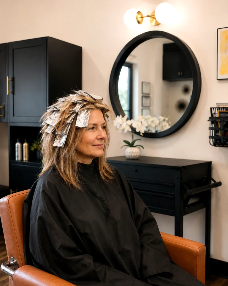 Client processing with foils in the styling chair, how many foils in a partial highlight, at Scott Farmer Hair Salon in Venice FL