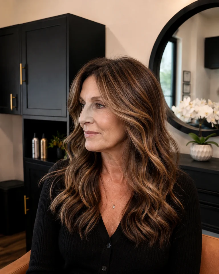 Finished brunette blow-out at the salon mirror, how much do highlights cost, at Scott Farmer Hair Salon in Venice FL