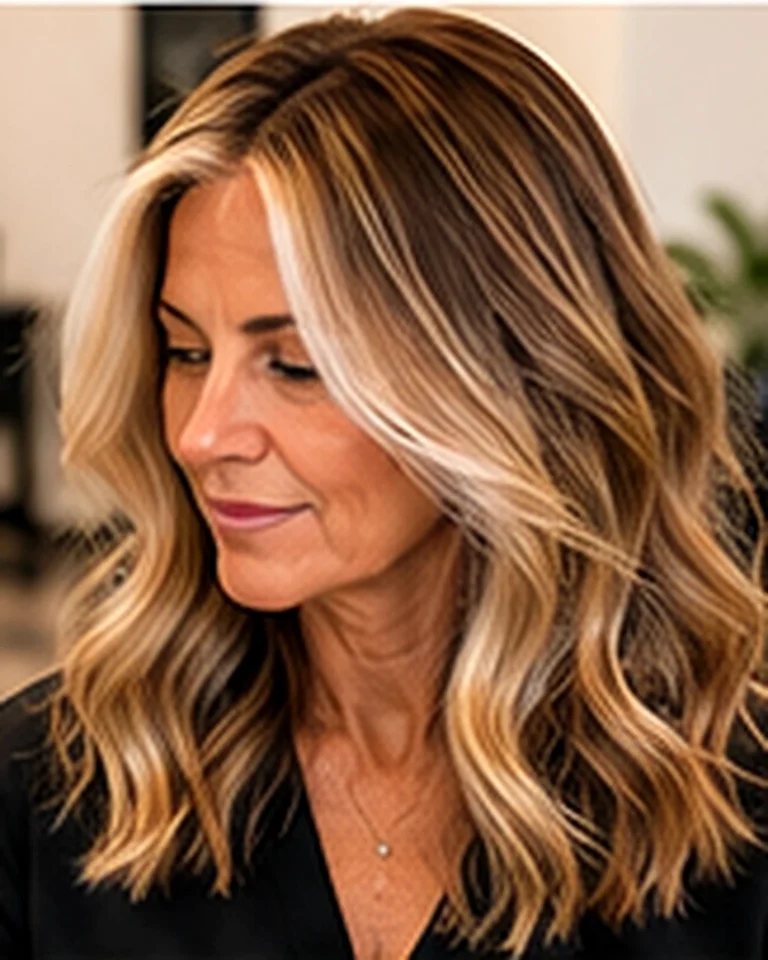 Front view of finished highlights on a salon client, how much to tip for haircut and color, at Scott Farmer Hair Salon in Venice FL