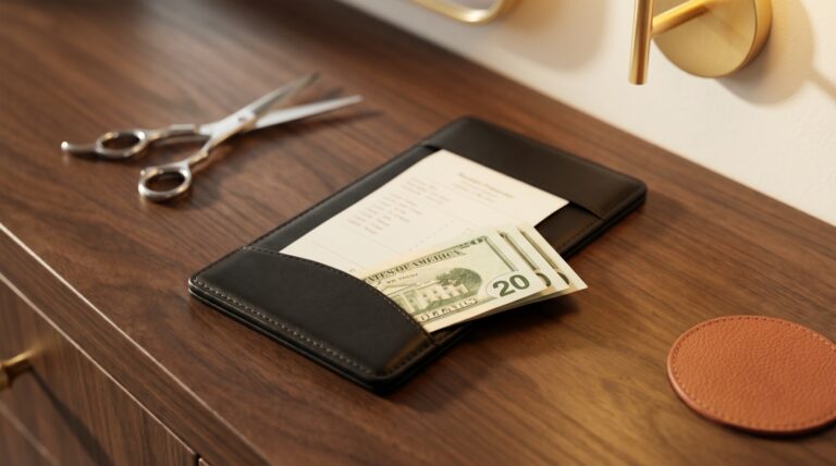 Folded cash gratuity tucked into a black leather receipt presenter on a dark walnut salon counter at Scott Farmer Hair Salon in Venice, FL