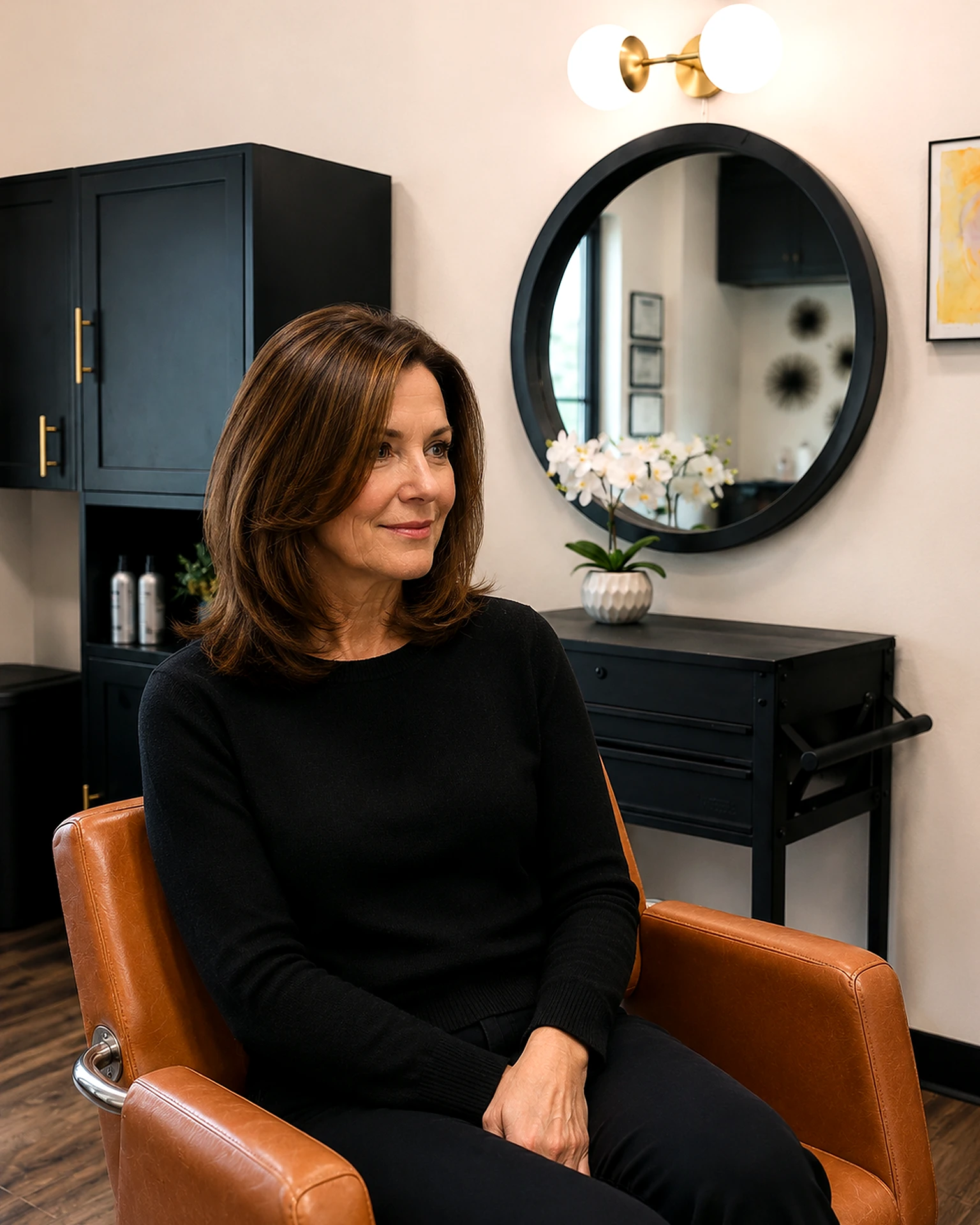 Finished brunette in the styling chair, how often should you get your hair highlighted, at Scott Farmer Hair Salon in Venice FL