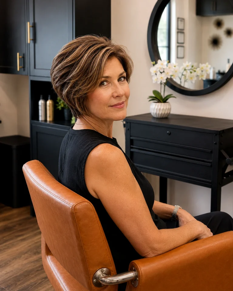 Finished short pixie cut in the styling chair, how often to trim hair, at Scott Farmer Hair Salon in Venice FL
