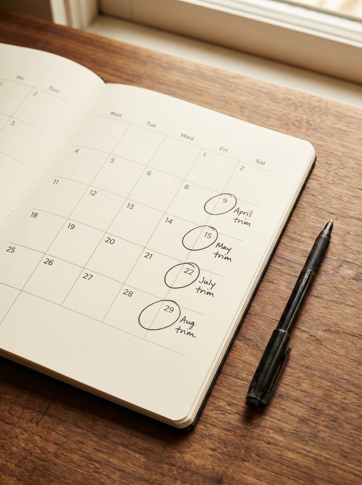 Trim appointment calendar showing 6-week interval at Scott Farmer Hair Salon Venice FL