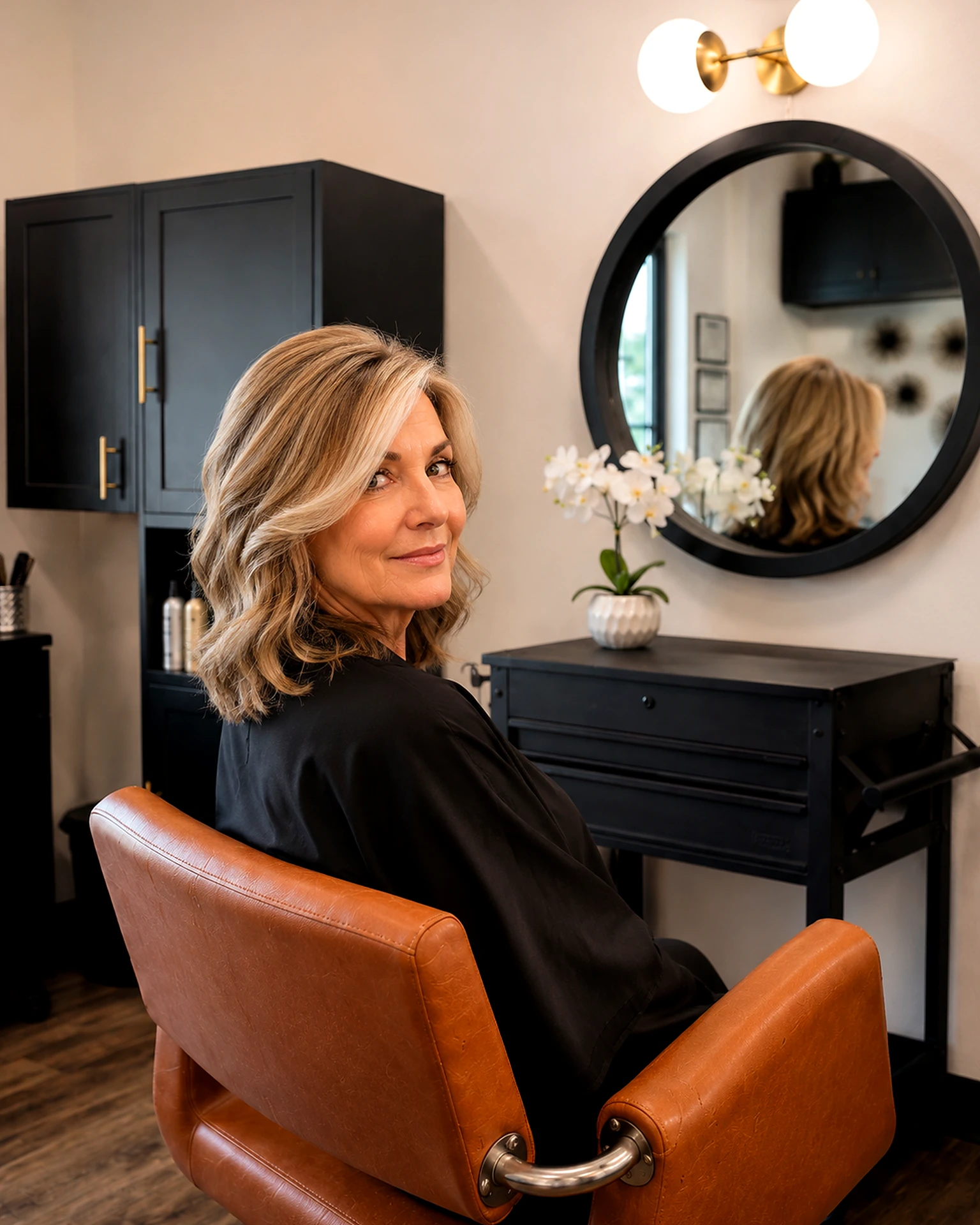 Finished blonde color in the styling chair, how to choose hair salon venice fl, at Scott Farmer Hair Salon in Venice FL