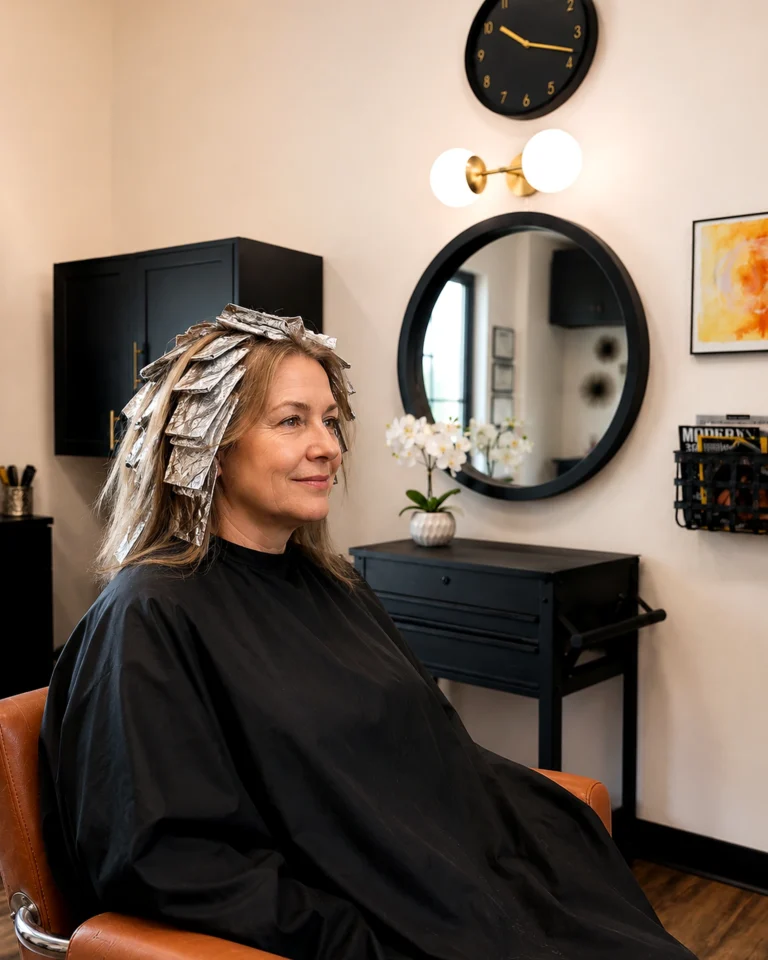 Finished blonde in the styling chair, how to take care of highlighted hair, at Scott Farmer Hair Salon in Venice FL