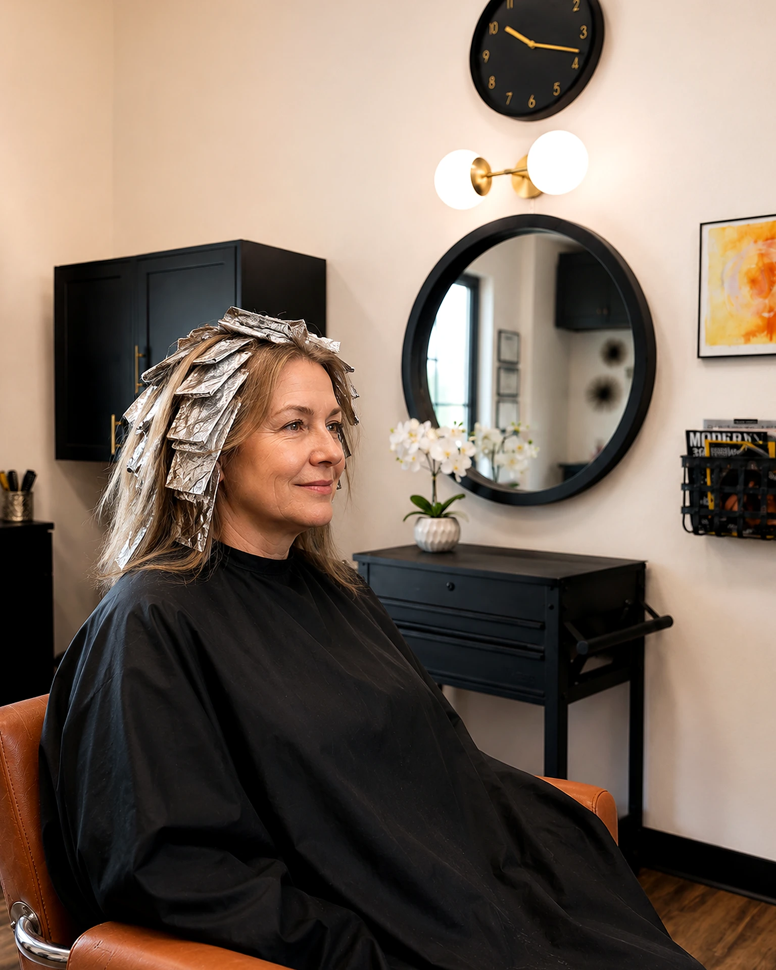 Finished blonde in the styling chair, how to take care of highlighted hair, at Scott Farmer Hair Salon in Venice FL