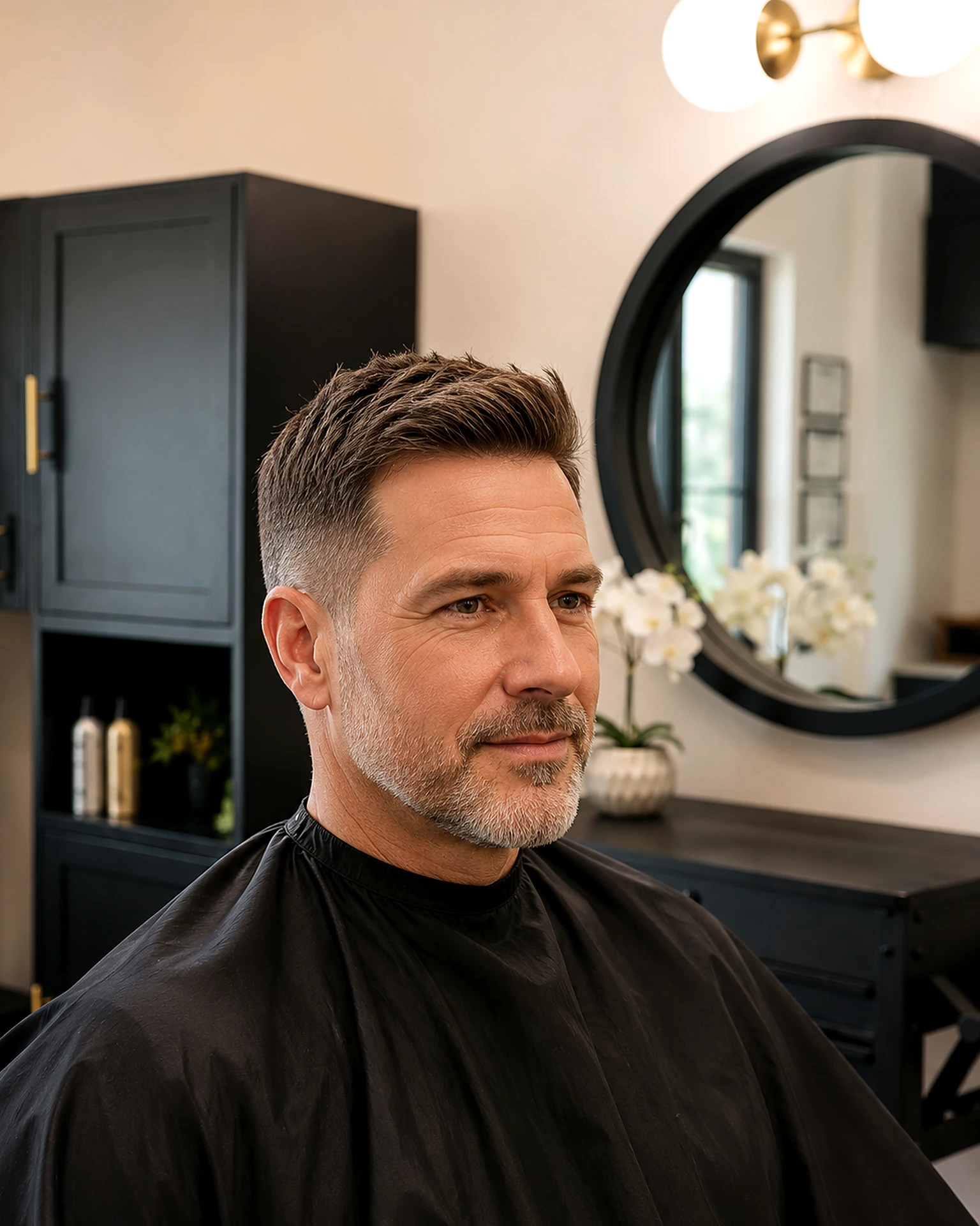 Finished men’s cut on a male salon client, mens haircuts venice fl, at Scott Farmer Hair Salon in Venice FL