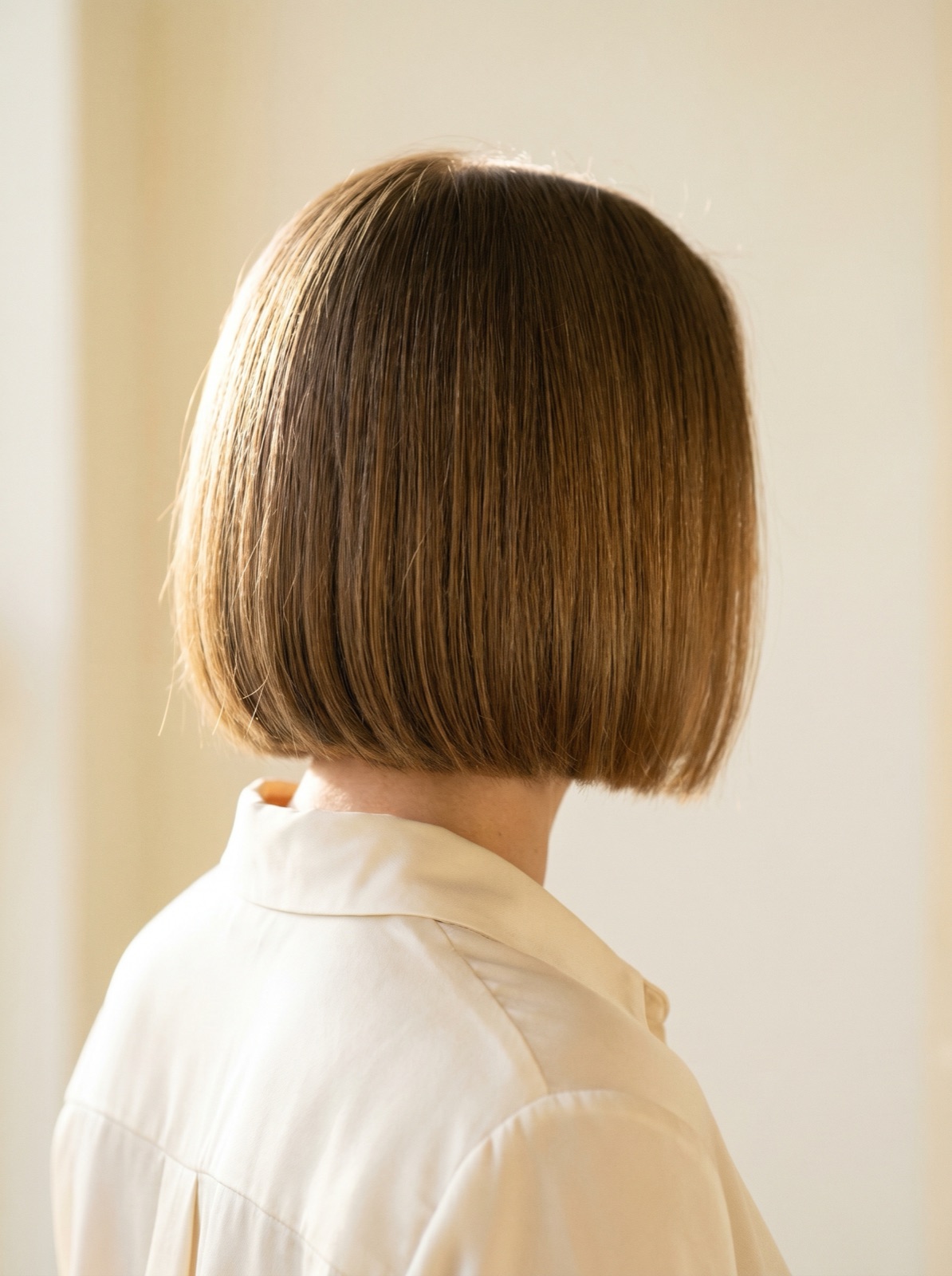 Micro bob haircut profile detail cut by Scott Farmer at his Venice FL salon
