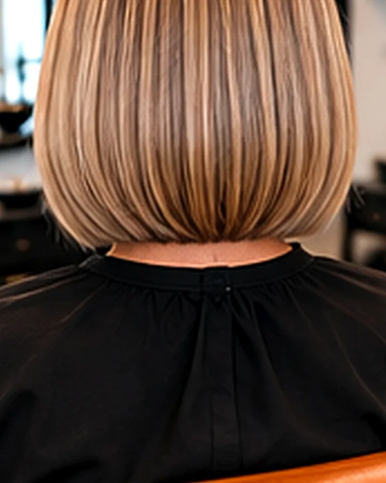 Back view of a finished bob, micro bob, at Scott Farmer Hair Salon in Venice FL