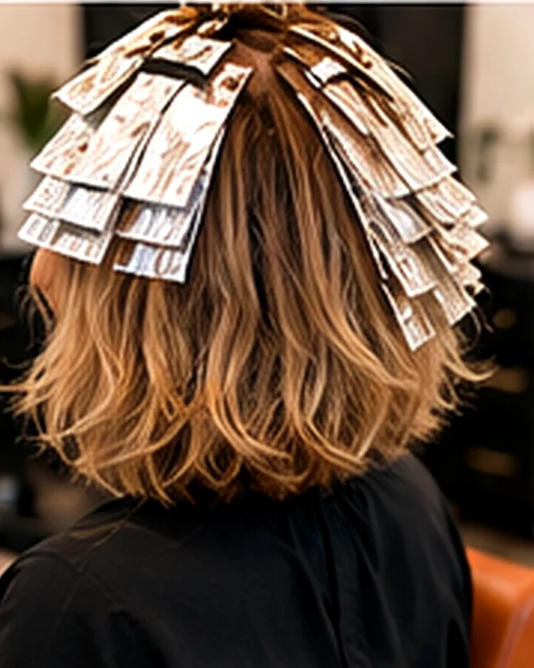 Back view of a full head of foil highlights on a salon client, money piece, at Scott Farmer Hair Salon in Venice FL