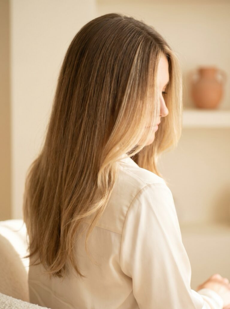 Finished face framing partial balayage on long hair, partial balayage, at Scott Farmer Hair Salon in Venice FL