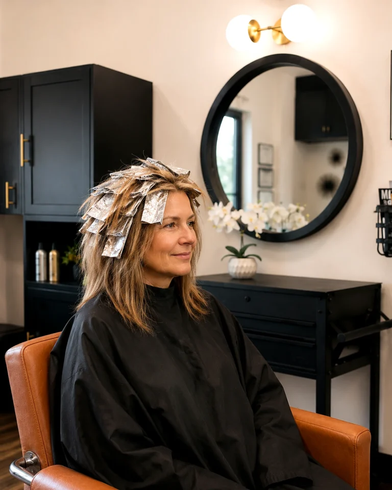 Client processing with foils in the styling chair, partial highlights, at Scott Farmer Hair Salon in Venice FL