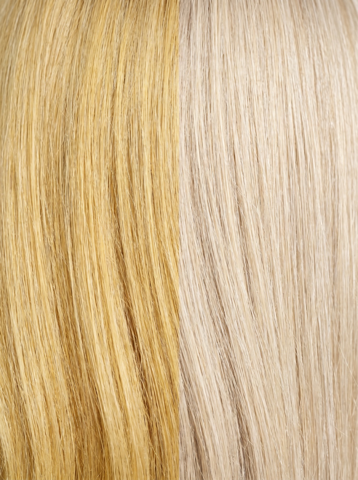 Purple shampoo before and after comparison showing brassy yellow to cool cream blonde tone at Scott Farmer Hair Salon Venice FL