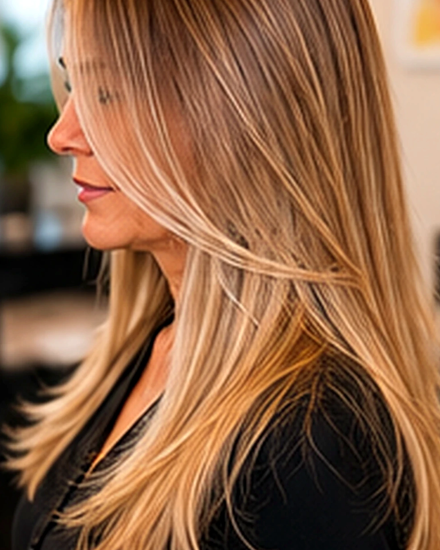 Smooth glazed blonde finish on a salon client, purple shampoo blonde hair guide, at Scott Farmer Hair Salon in Venice FL